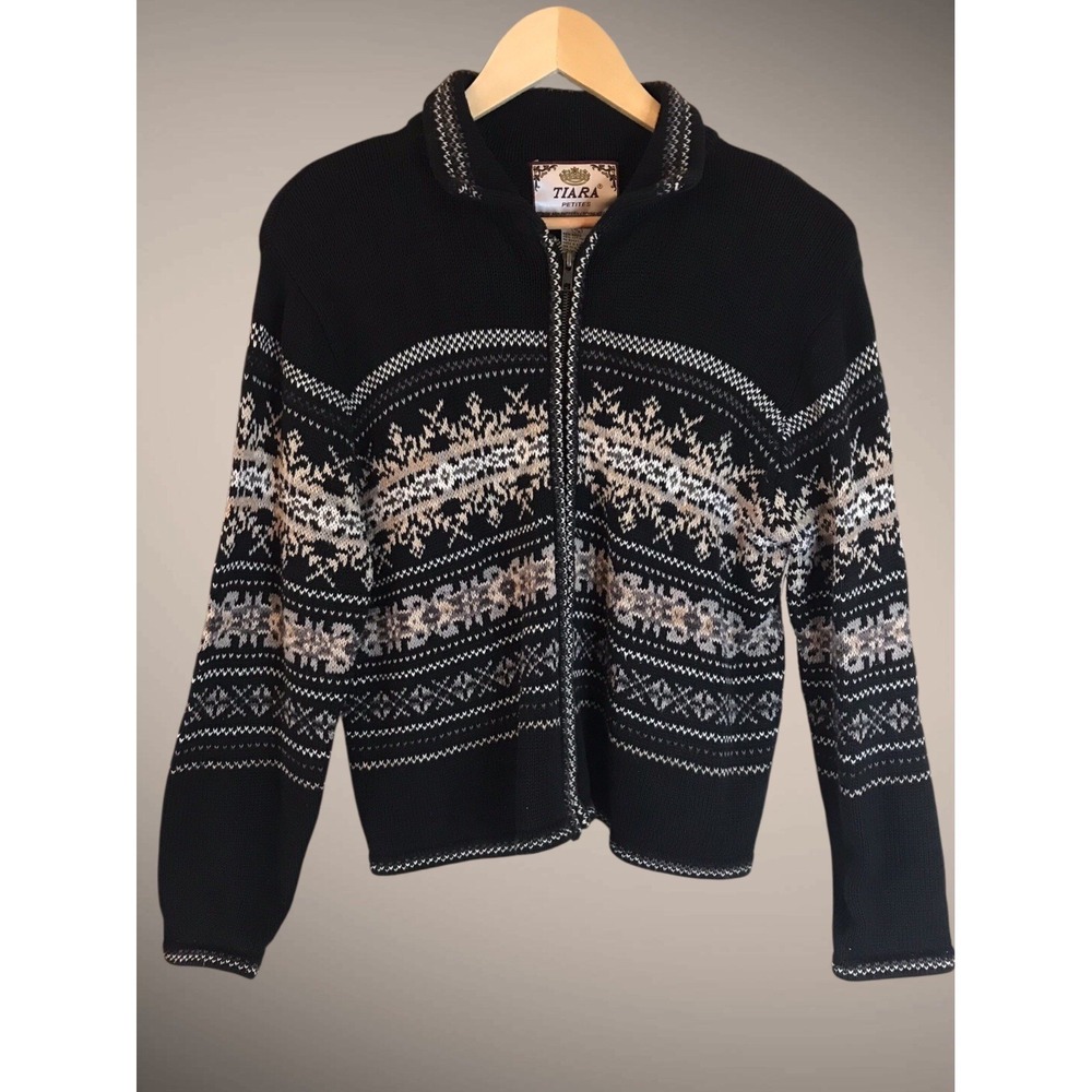 VTG TIARA INTERNATIONAL Zip Sweater/Cardigan SZ‎ M petite Grannycore Fair Isle